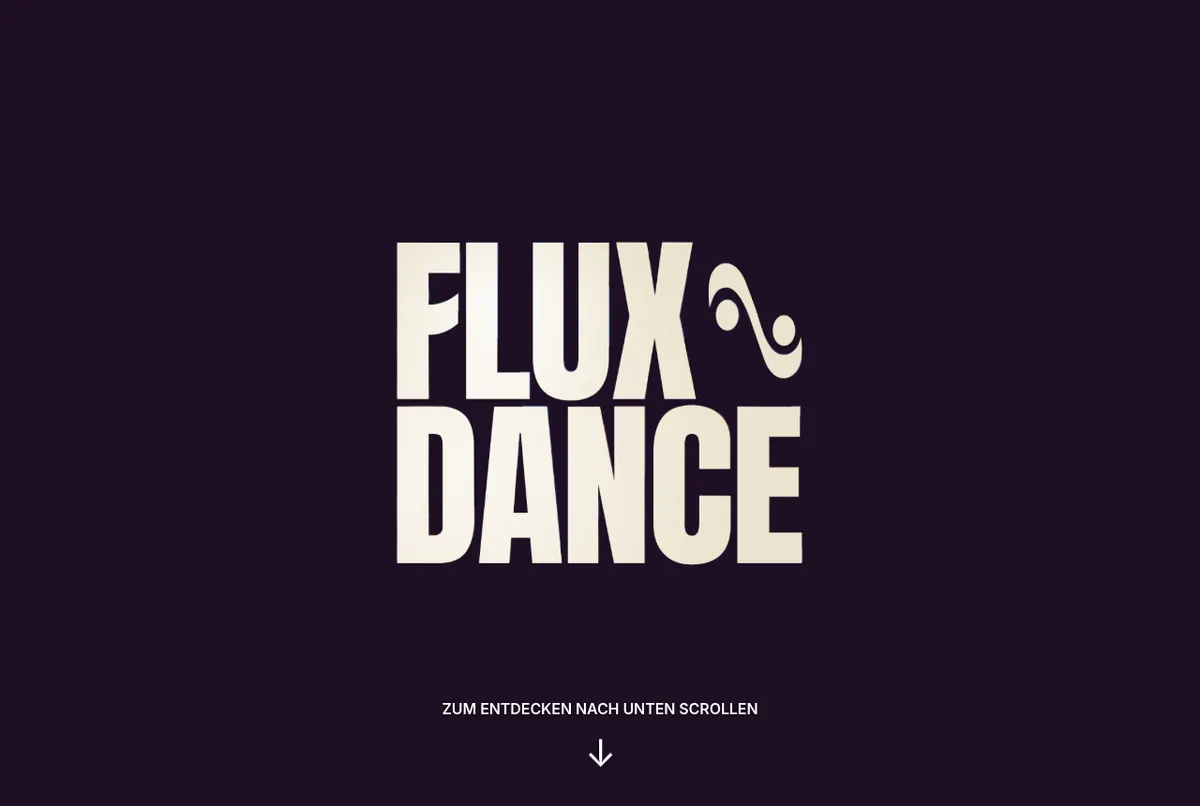 Startseite von fluxdance.de mit dem FluxDance-Schriftzug auf dunklem Hintergrund